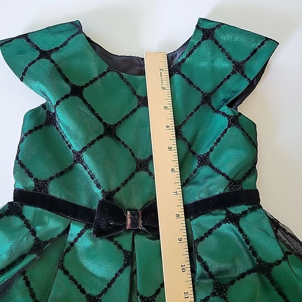 Jona Michelle Girls Dress 5 Emerald Green Satin Black Mesh Festive Holiday Party